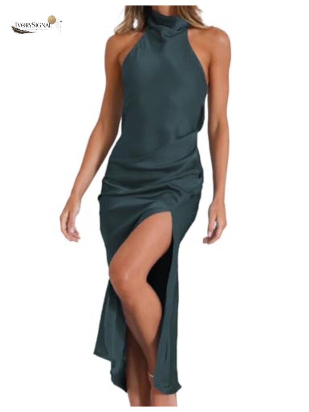 Satin Midi Dress Backless Halter Ruched High Slit Women